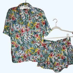 Cynthia Rowley Floral Button Drawstring Sleepwear Set Pajamas Top W/Shorts L